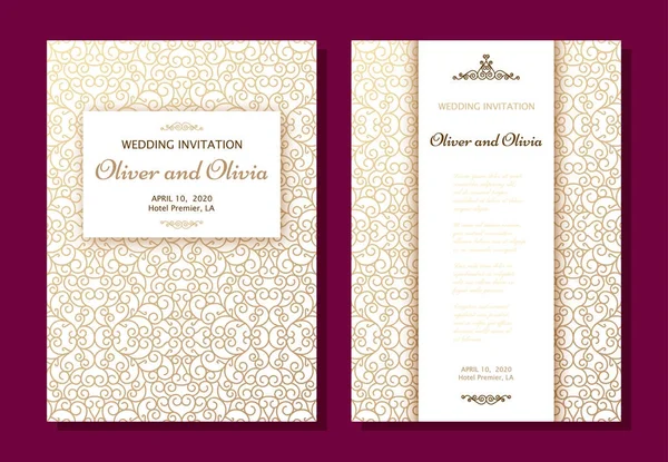 Vorlagen für Hochzeitseinladungen. Cover-Design mit goldenen Wirbelornamenten — Stockvektor