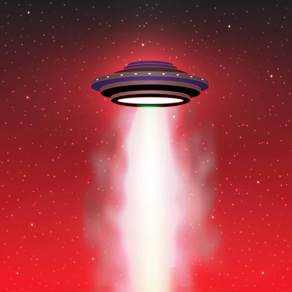 Vetor de luz OVNI. Raios de céu alienígena. Ufo nave espacial com feixe, disco ufo voando ilustração —  Vetores de Stock