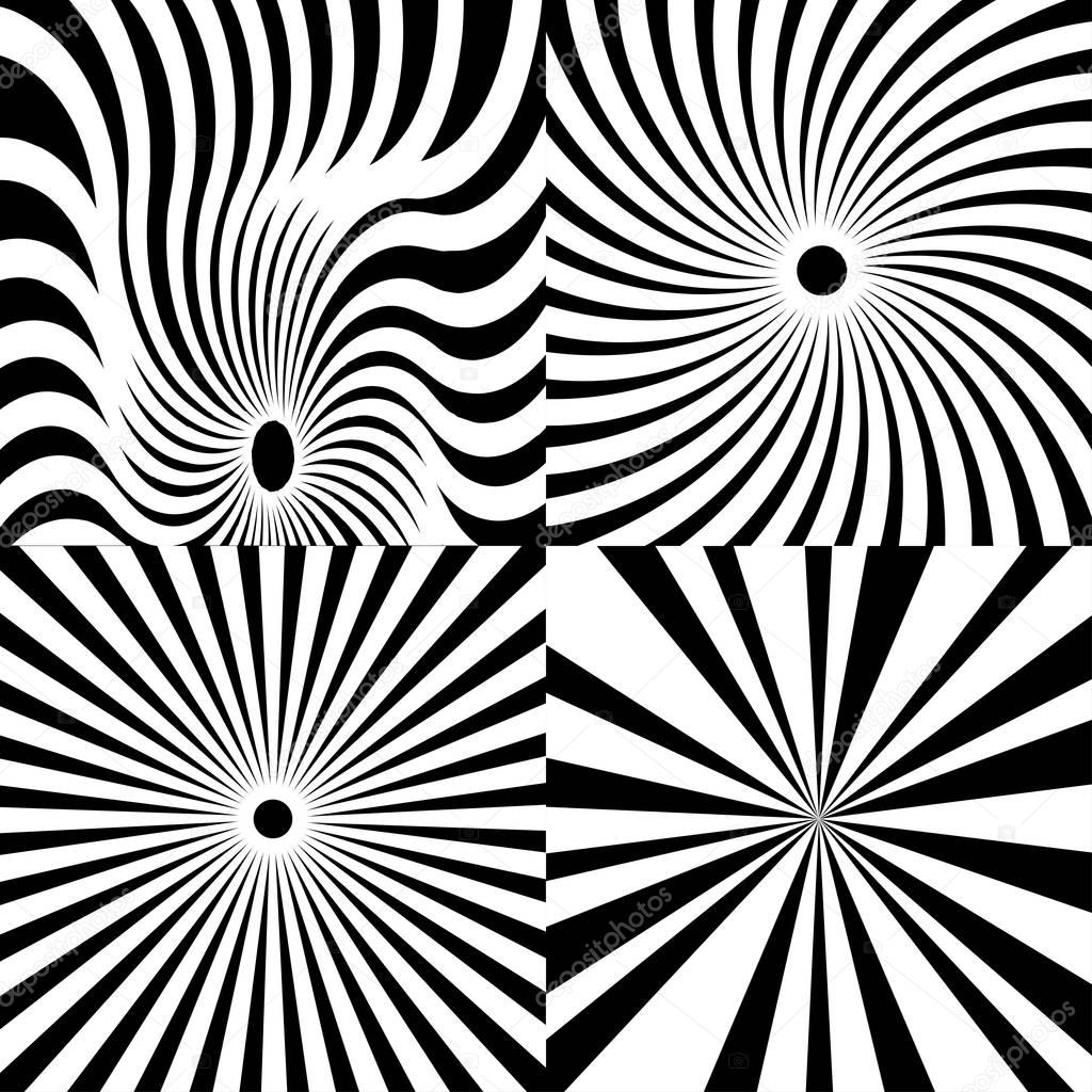 Psychedelic spiral with radial rays, swirl, twisted comic effect, vector set