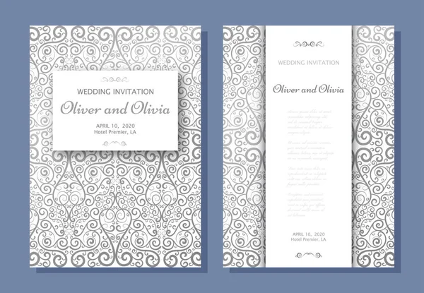 Vorlagen für Hochzeitseinladungen. Cover-Design mit silbernen Damast-Ornamenten — Stockvektor
