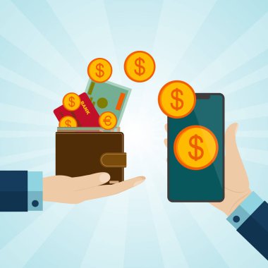 Ödeme veya para online kavramları. M-cüzdan nakit ve telefon ile holding eller
