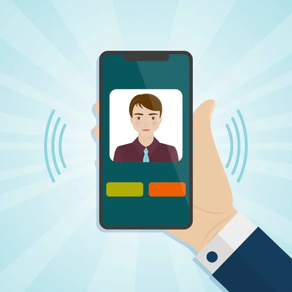 画面上の発信者にスマート フォンを持っている手 — ストックベクタ