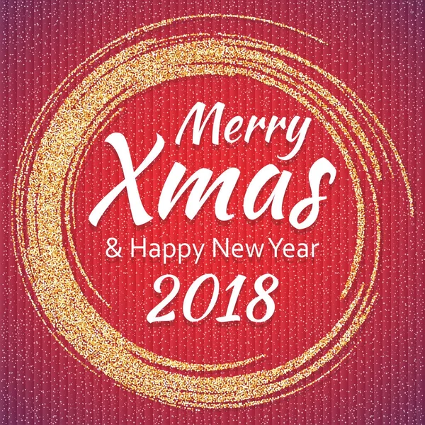 2018, goud en wit kaart met Merry Christmas tekst en glitter frame. Sprankelende vakantie achtergrond, vector stof grens. — Stockvector