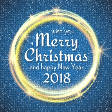 2018, Mavi ve Beyaz kart. Mutlu Noeller mesajı ve altın parıltılı çerçeve. Parlak tatil geçmişi, vektör tozu sınırı. Noel ve yeni yıl kartları, davetiyeler ve posterleri için harika.