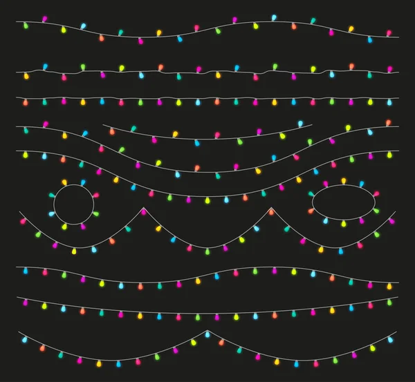 Lâmpadas de luz coloridas guirlandas definidas para a festa de Natal e Ano Novo — Vetor de Stock