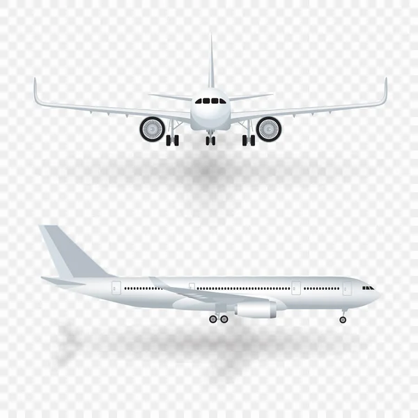 Weißes Flugzeug mit Schattensymbol auf kariertem Hintergrund im Profil und von vorne isolierter Vektordarstellung — Stockvektor