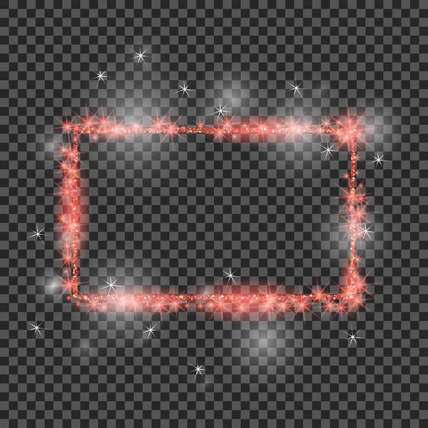 Vector red glitter frame with lights effects. Good for Christmas holiday. 2018.Shining rectangle banner on checkered background. Vector illustration — Stock Vector