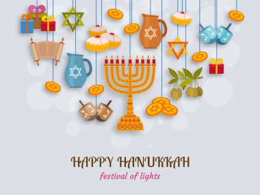 Hanukkah greeting card with Torah, menorah and dreidels. Place for your Text clipart