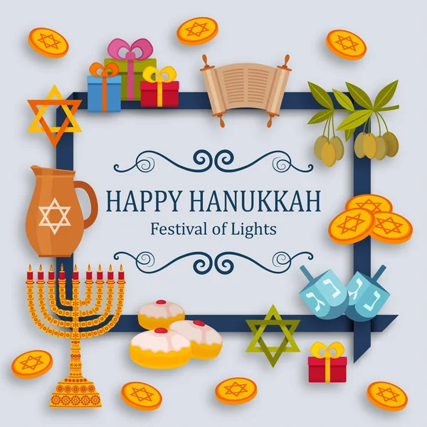 Hanukkah tarjeta de felicitación con la Torá, menorá y dreidels. Lugar para su texto — Vector de stock