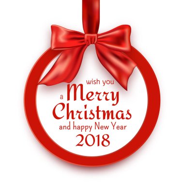 Neşeli Noel ve mutlu yeni yıl 2018 afiş kırmızı kurdele, yay ve konfeti ile yuvarlak