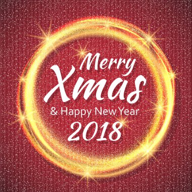2018, Merry Christmas metin ve altın glitter çerçeve ile kırmızı ve beyaz kart. Köpüklü tatil arka plan, vektör toz sınır.