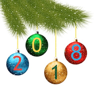 Köknar dalı ve topları beyaz arka plan üzerinde Noel arka plan.