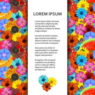 Düz poster veya başlık sayfası şablonu gerçekçi parlak çiçek ve meyve ile. Vektör çizim.