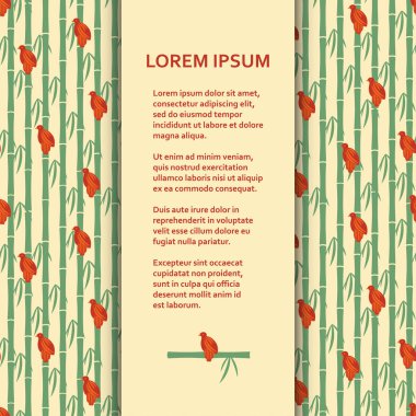 Düz poster veya başlık sayfası şablonu bambu üzerinde oturan serçe ile