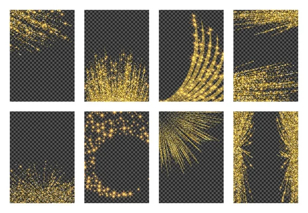 Установить блестки фона с светящимися огнями. Золотые искры на черном фоне. Комплект для украшения праздничных открыток — стоковый вектор