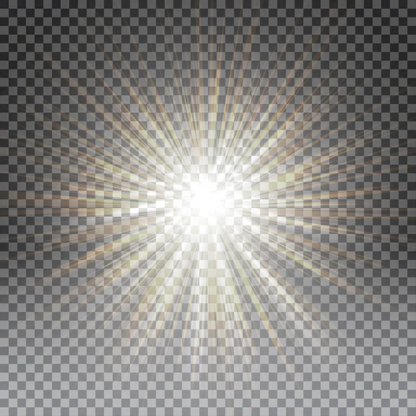 Vektor transparent solljus speciell lins utflytning ljuseffekt. Solblixt med strålar och rampljus — Stock vektor