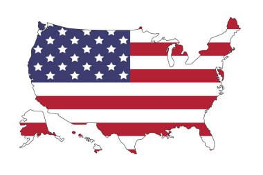 Amerika Birleşik Devletleri bayraklı haritası. Kuzey Amerika. Beyaz arkaplanda resim