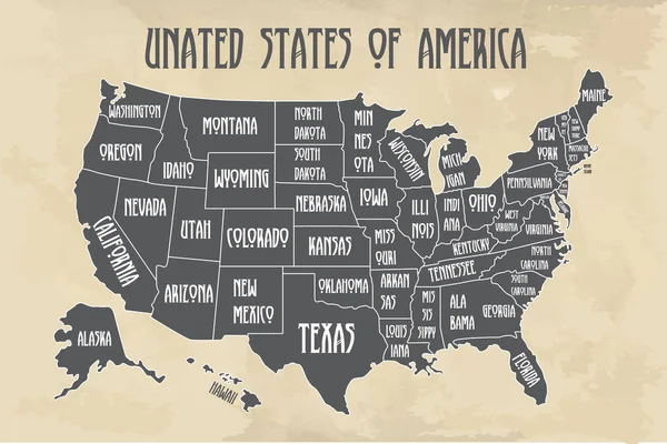 Posterkarte der Vereinigten Staaten von Amerika mit Staatsnamen. Schwarz-weiß gedruckte Landkarte der USA für T-Shirts, Poster oder geografische Themen. — Stockvektor