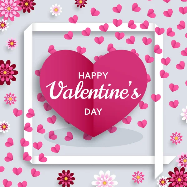 Feliz día de San Valentín. Buena plantilla de diseño para banner, tarjeta de felicitación, volante. Papel arte flores y corazones — Vector de stock