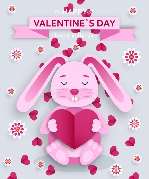 Glücklicher Valentinstag Hintergrund. gute Designvorlage für Banner, Grußkarte, Flyer. Papierkunst Hase, Blumen und Herzen — Stockvektor
