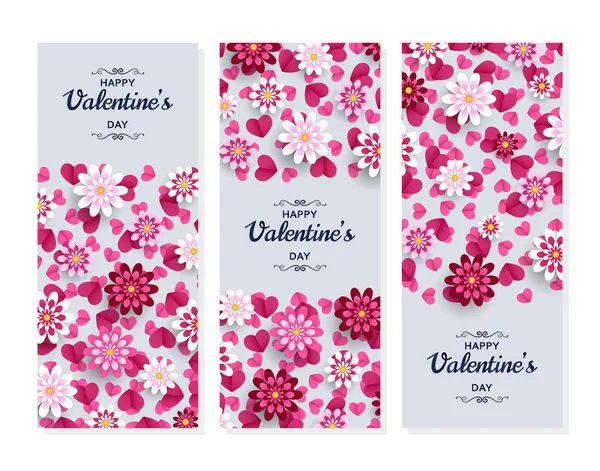 Feliz día de San Valentín. Buena plantilla de diseño para banner, tarjeta de felicitación, volante. Papel arte flores y corazones — Vector de stock