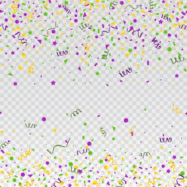 Конфетти с карнавала Марди Гра бесшовный фон. Традиционные цвета желтый, фиолетовый, зеленый — стоковый вектор