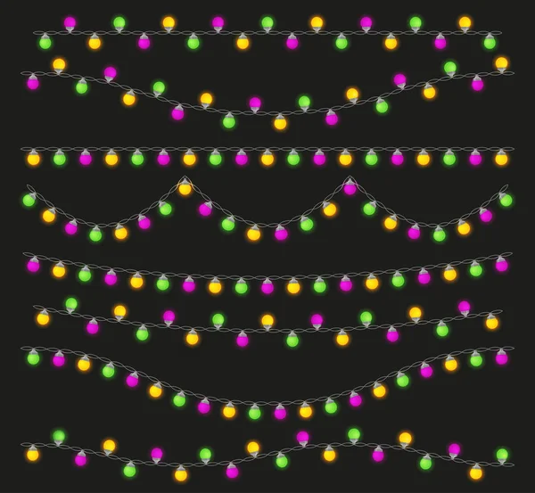 Lâmpadas de luz coloridas guirlandas definidas para o carnaval de Mardi Gras — Vetor de Stock