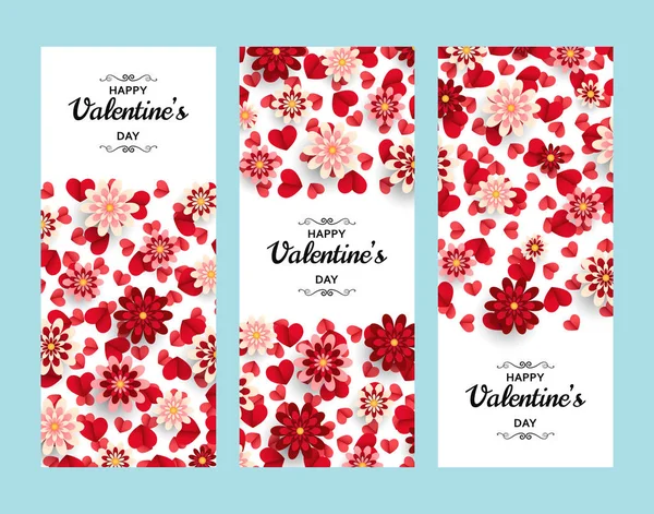 幸せなバレンタインデーの背景。バナー、グリーティング カード、チラシのグッド デザイン テンプレートです。ペーパー アートの花と心 — ストックベクタ