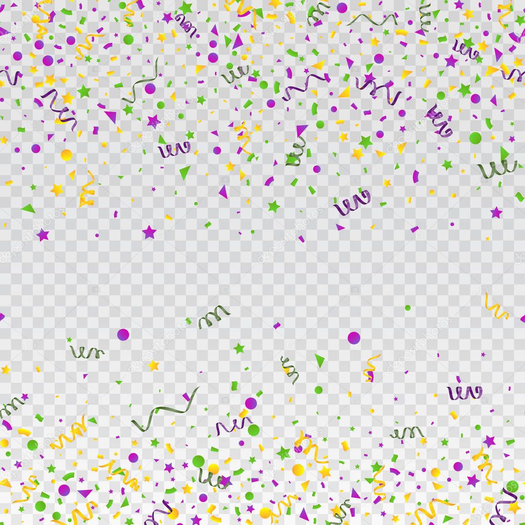 Mardi Gras carnival confetti seamless background. Traditional colors yellow, purple, green