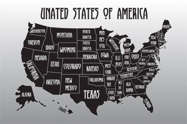 Poster map of United States of America with state names. Black and white print map of USA for t-shirt, poster or geographic themes. clipart