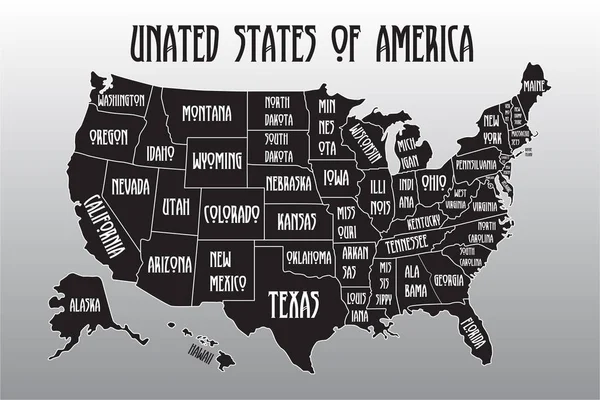 Póster mapa de los Estados Unidos de América con nombres de estado. Impresión en blanco y negro del mapa de Estados Unidos para camiseta, póster o temas geográficos . — Vector de stock