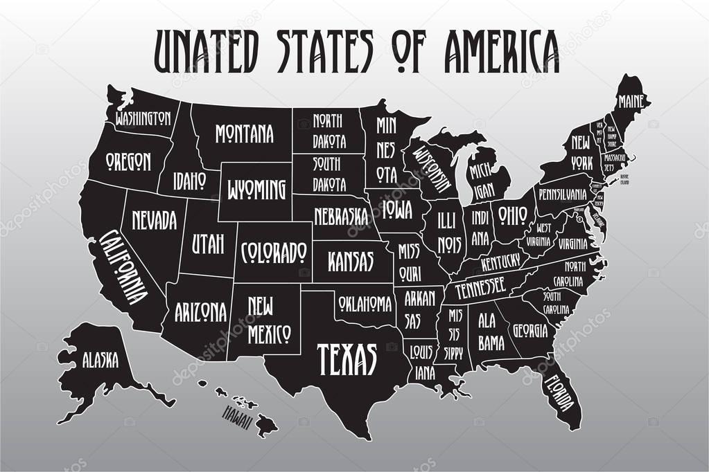 Poster map of United States of America with state names. Black and white print map of USA for t-shirt, poster or geographic themes.