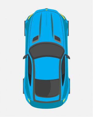 Mavi spor araba, beyaz bir arka plan üzerinde izole düz stilde Üstten Görünüm