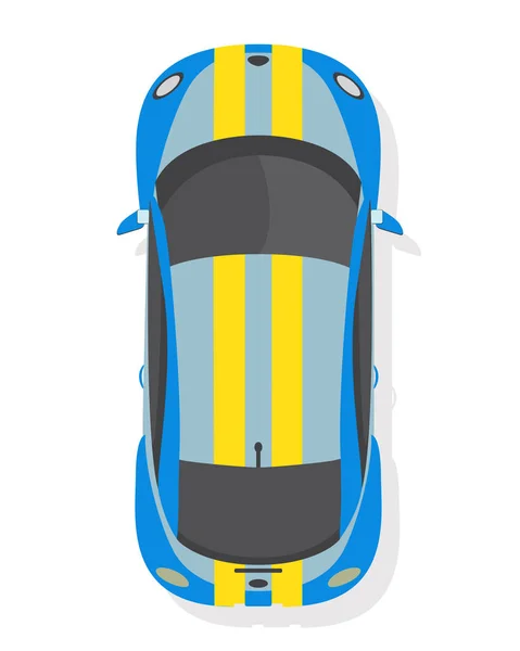 Voiture sport bleue et jaune, vue de dessus en style plat isolé sur fond blanc — Image vectorielle