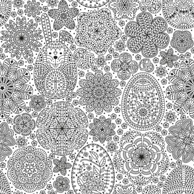 Mutlu Paskalya seamless modeli. Banner, tebrik kartı, el ilanı için iyi bir tasarım şablonu. Süs beyaz tavşan, yumurta ve çiçekler. Vektör çizim.