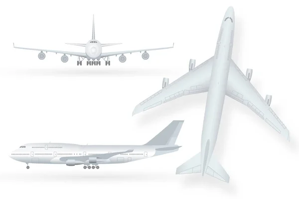 Wit vliegtuig pictogrammenset op een witte achtergrond in profiel en van de voorste geïsoleerde vectorillustratie — Stockvector