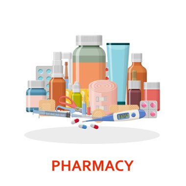 Eczane arka plan. Farklı tıbbi hapları, alçı, termometre, şırınga ve şişeler