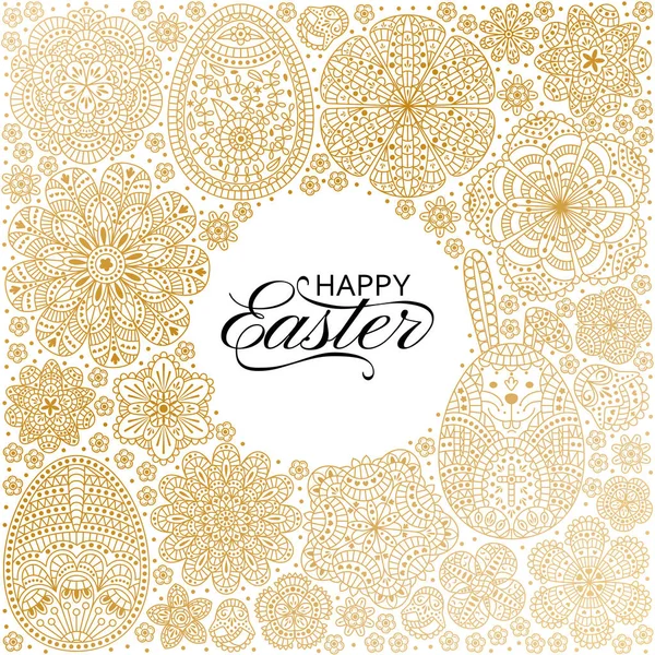 Boldog húsvéti háttér. Jó design sablon banner, üdvözlőlap, szórólap. Díszítő fehér nyuszi, tojás és virágok. — Stock Vector