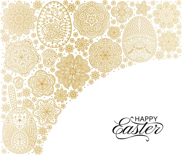 Ευτυχισμένο Πάσχα φόντο. Πρότυπο καλό σχεδιασμό για banner, ευχετήρια κάρτα, φέιγ βολάν. Διακοσμητικό λευκό λαγουδάκι, αυγά και λουλούδια. — Διανυσματικό Αρχείο