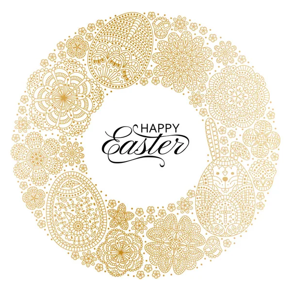 С праздником Пасхи. Хороший дизайн для баннера, поздравительной открытки, флаера. Декоративный белый кролик, яйца и цветы . — стоковый вектор