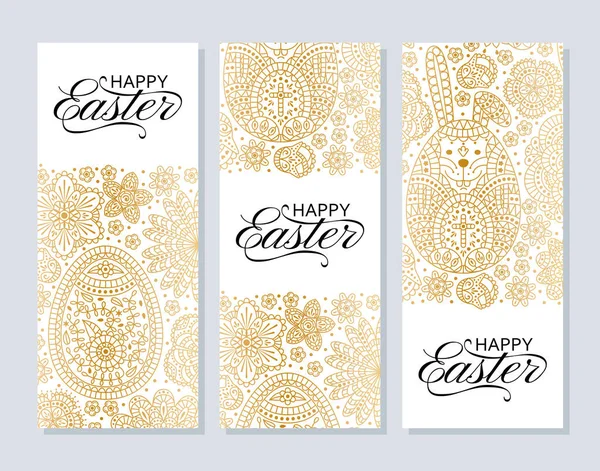 행복 한 부활절 배경입니다. 배너, 인사말 카드, 전단지에 대 한 좋은 디자인 서식 파일. 관상 하얀 토끼, 계란, 꽃. — 스톡 벡터