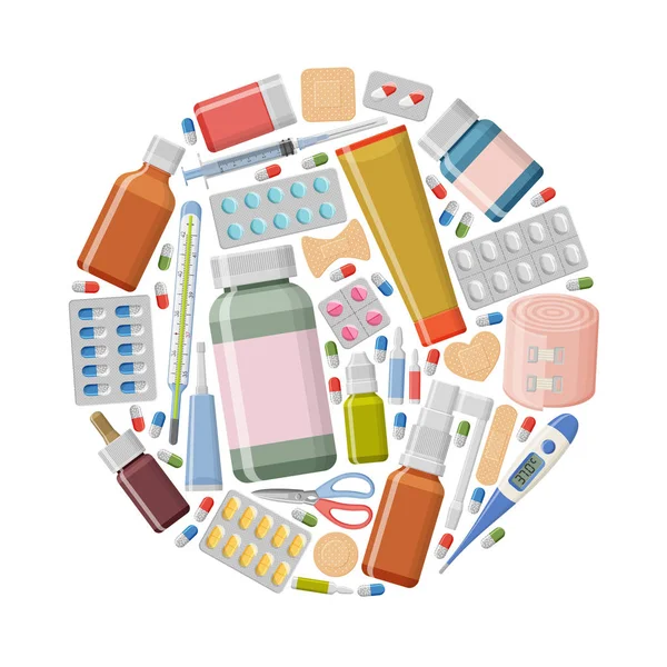 Antecedentes farmacéuticos. Diferentes píldoras médicas, termómetro, yeso, jeringa y botellas en forma redonda — Vector de stock
