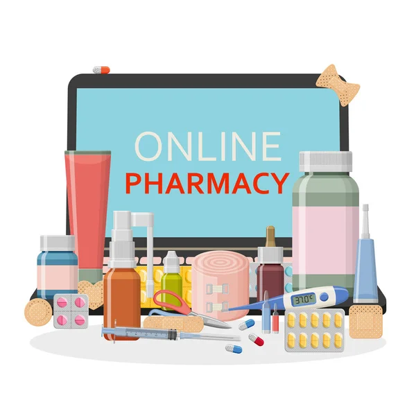 Antecedentes da farmácia. Conceito de loja online. Diferentes pílulas médicas, gesso, termômetro, seringa e frascos —  Vetores de Stock