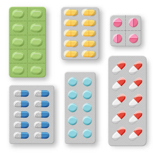 Conjunto de comprimidos realistas blisters com comprimidos e cápsulas. Pacote de plástico com medicamentos médicos —  Vetores de Stock