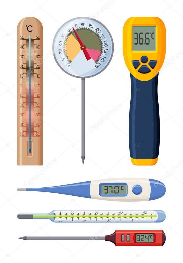 Set of realistic thermometers for different needs. Medical and cooking