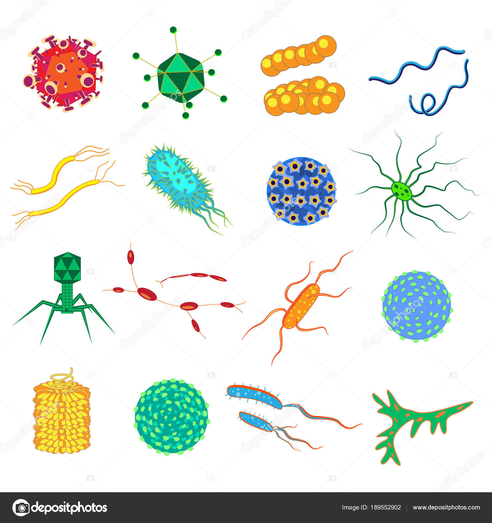 Bacteria and germs colorful set, micro-organisms disease-causing ...