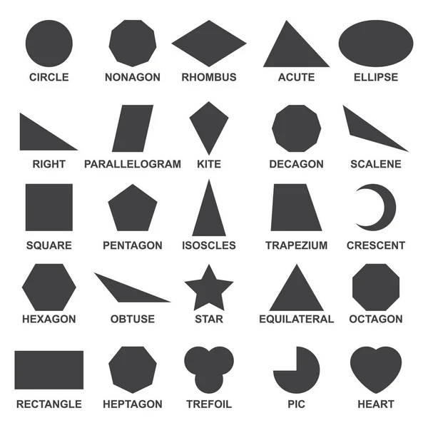 Set geometrische basisvormen. Zwart beeld van grote vele vormen, zoals vierkant, rechthoek en driehoek. Vlakke stijl cartoon vectorillustratie geïsoleerd op witte achtergrond — Stockvector