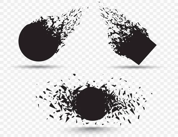 Pedra quadrada preta com detritos isolados. Explosão negra abstrata. Ilustração geométrica. Formas de destruição vetorial quadrado e círculo com detritos isolados no fundo quadriculado — Vetor de Stock
