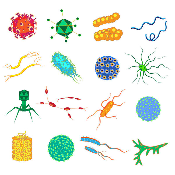 Bacteria and germs colorful set, micro-organisms disease-causing objects, different types, bacteria, viruses, fungi, protozoa. Vector flat style cartoon illustration isolated on white background