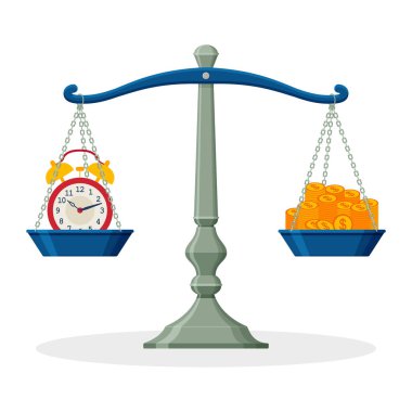 Çalar saat ve para dengeli ölçekte. İş kavramı
